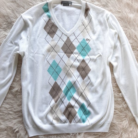 Lacoste Men's White Geometric Pattern Cotton V-Neck Sweater Size 6 -XL - Picture 2 of 10